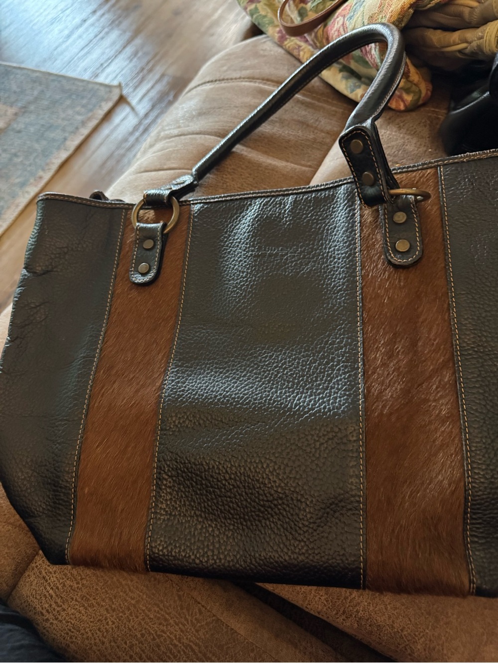 Striped Leather & Haircalf Tote in Black and Brown